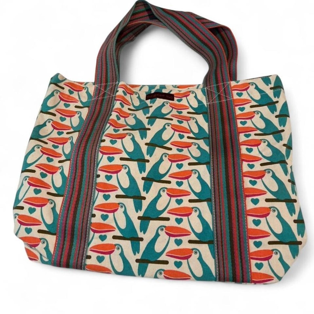 Bungalow 360 Toucan Canvas Tote Bag Women Medium Cream Blue Animal Print